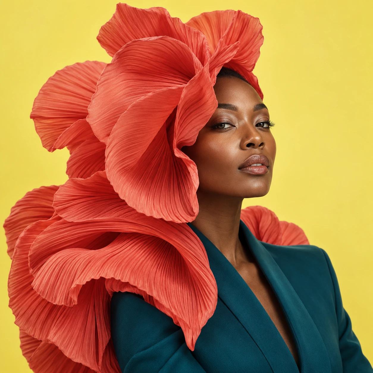 An original editorial portrait of a woman with a coral petal crown against citron yellow.